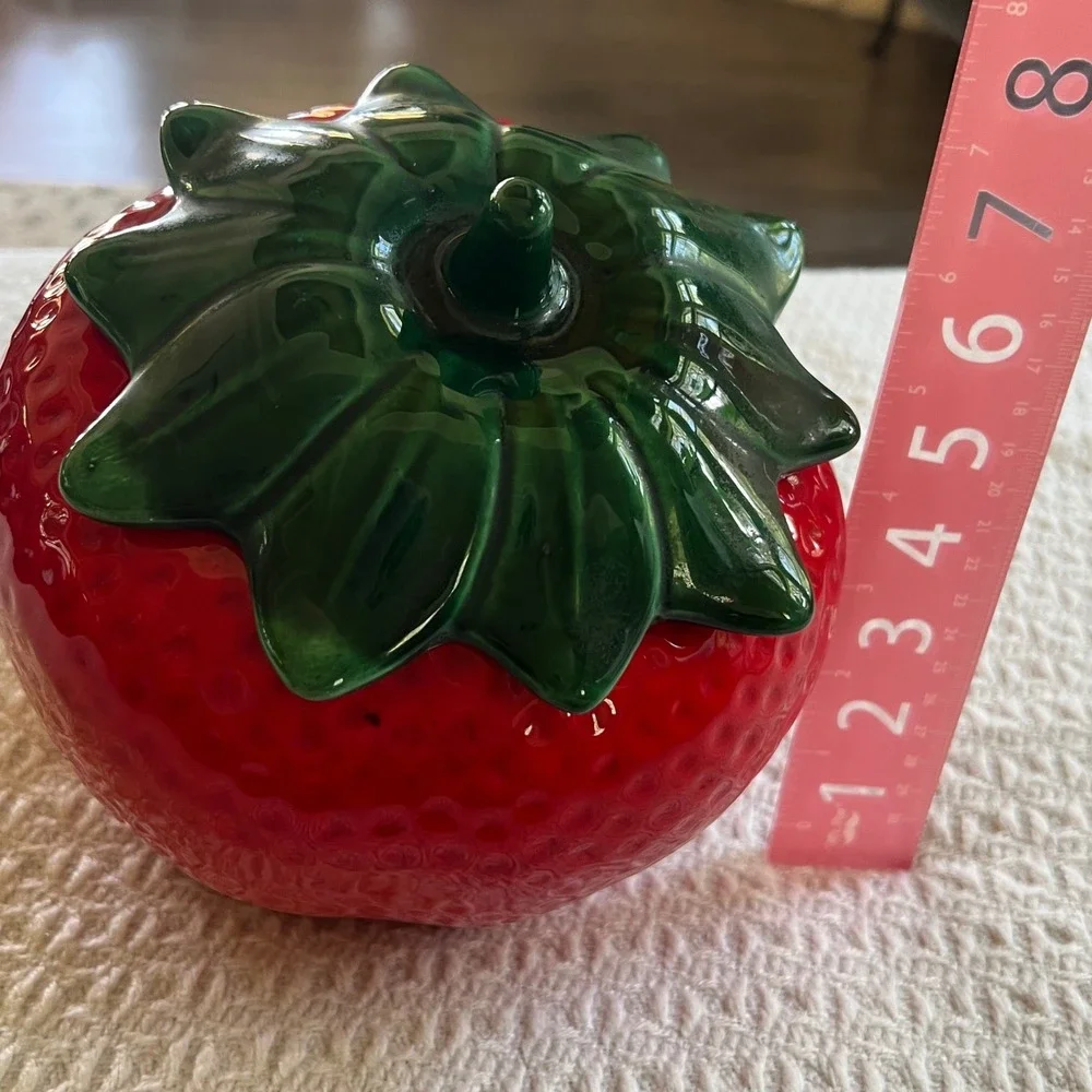Vintage Ceramic Strawberry Lidded Jar Red Green Fruit Canister Cottagecore Decor